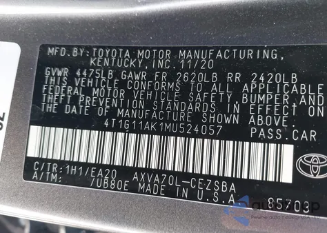 2021 Toyota Camry Se from USA, damaged, VIN 4T1G11AK1MU524057